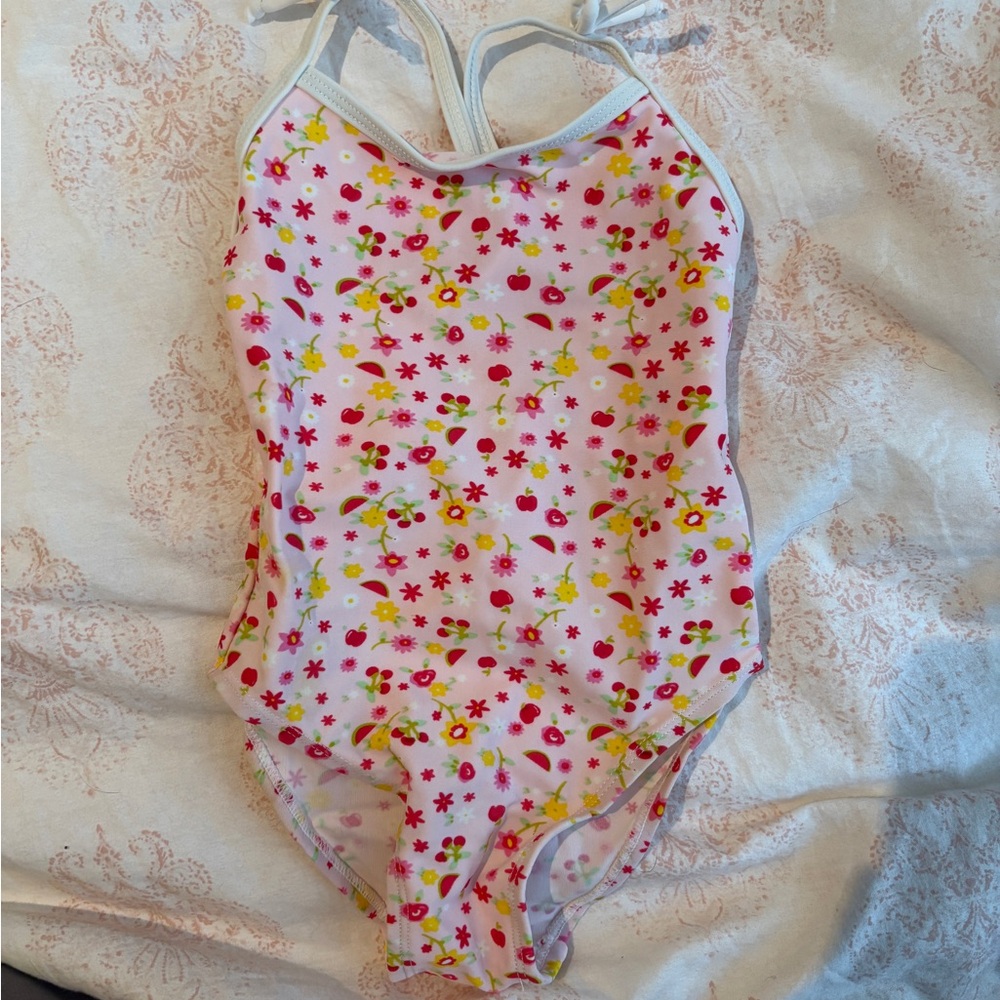 Vintage Cherokee Kids Swim One Piece - White with Pink and Yellow Floral